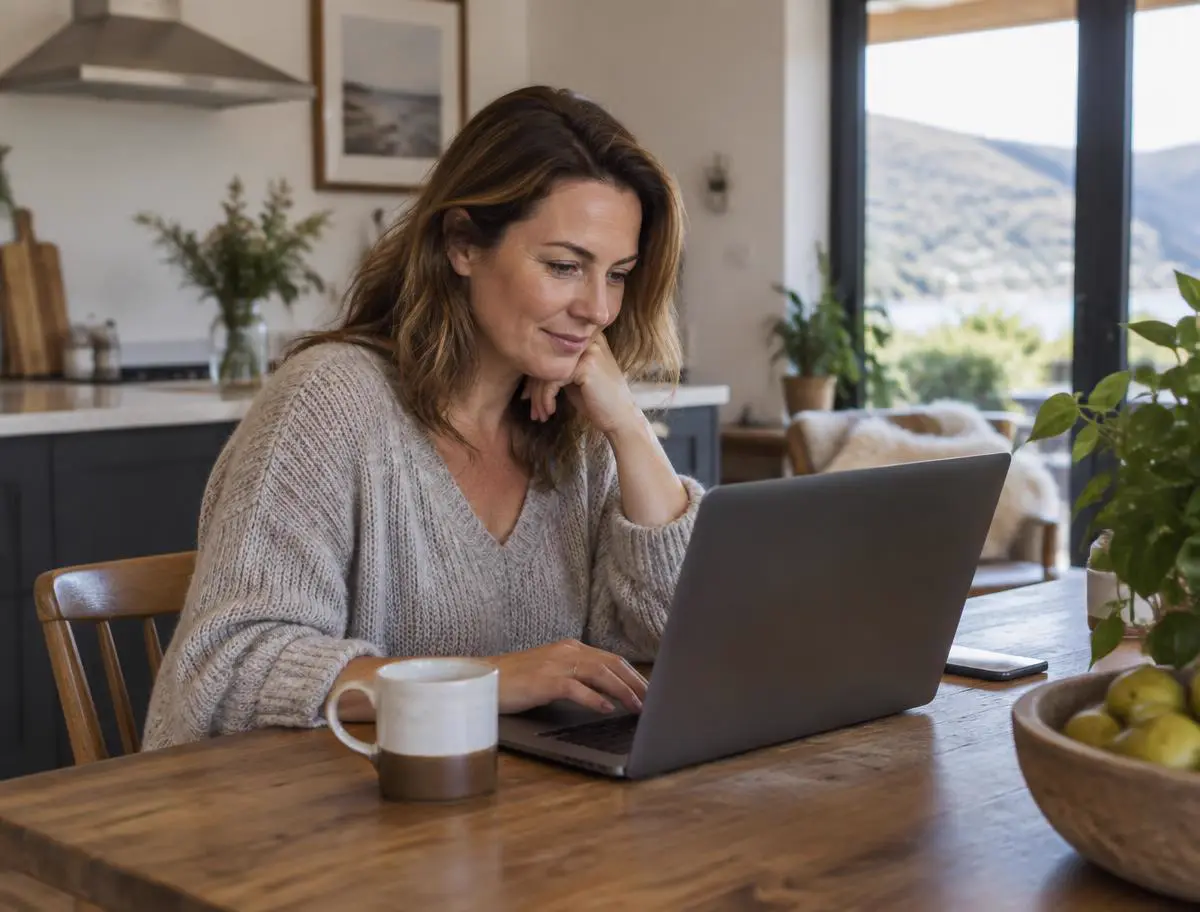 A landlord answering questions on a laptop at her kitchen table
